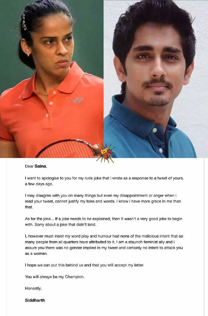 Siddharth posts an open apology letter to Saina Nehwal.